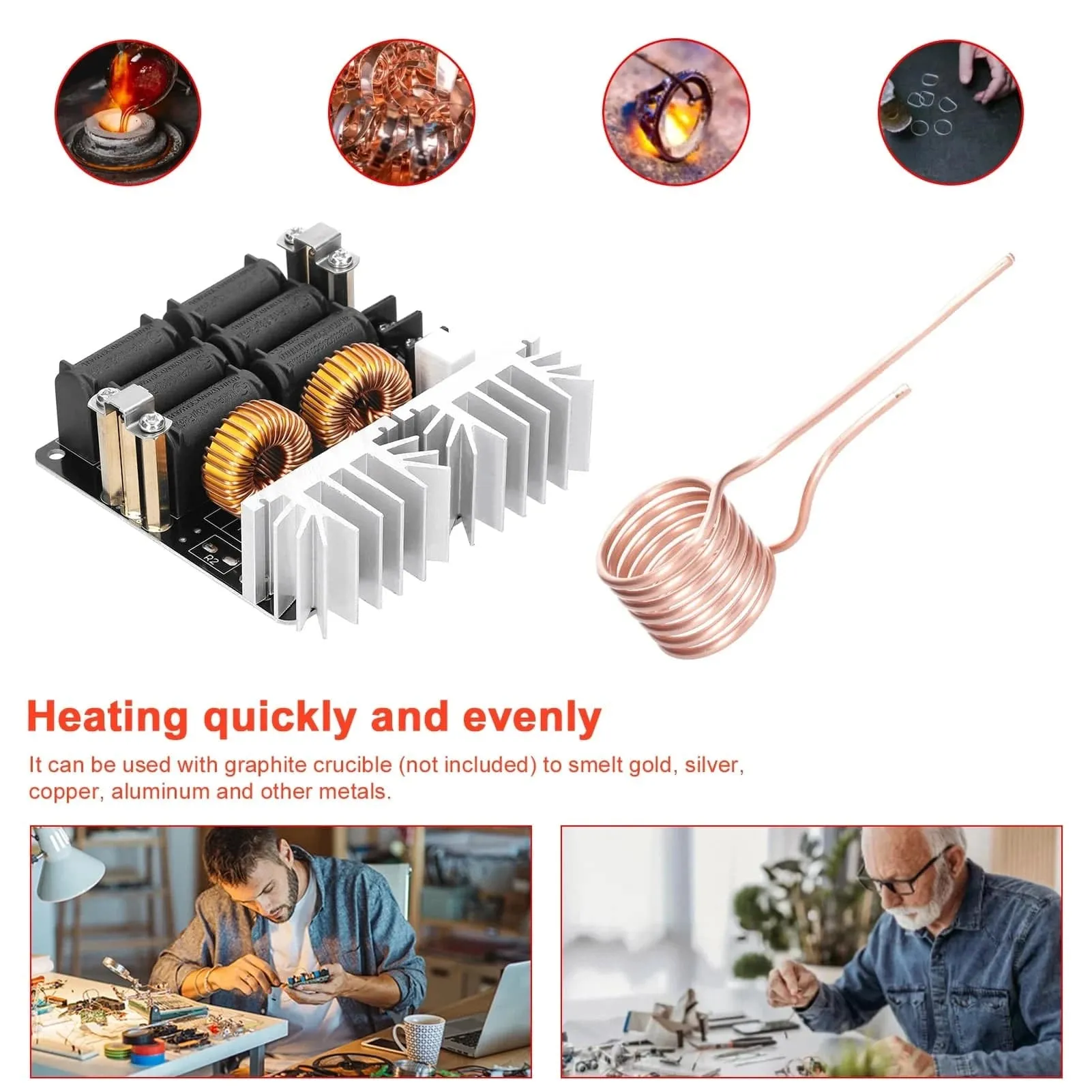 1000W ZVS Induction Heating Board Module 12-48V Low Voltage Heater Coil Flyback Driver Heater for DIY Hardening Annealing