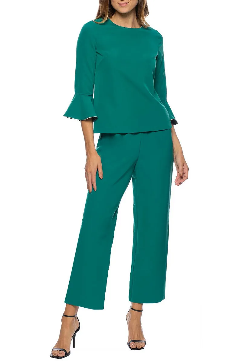 Marina Embellished Boat Neck Circular Sleeve Keyhole Back Stretch Crepe Top with Elastic Mid Waist Pant (2 Piece Set)