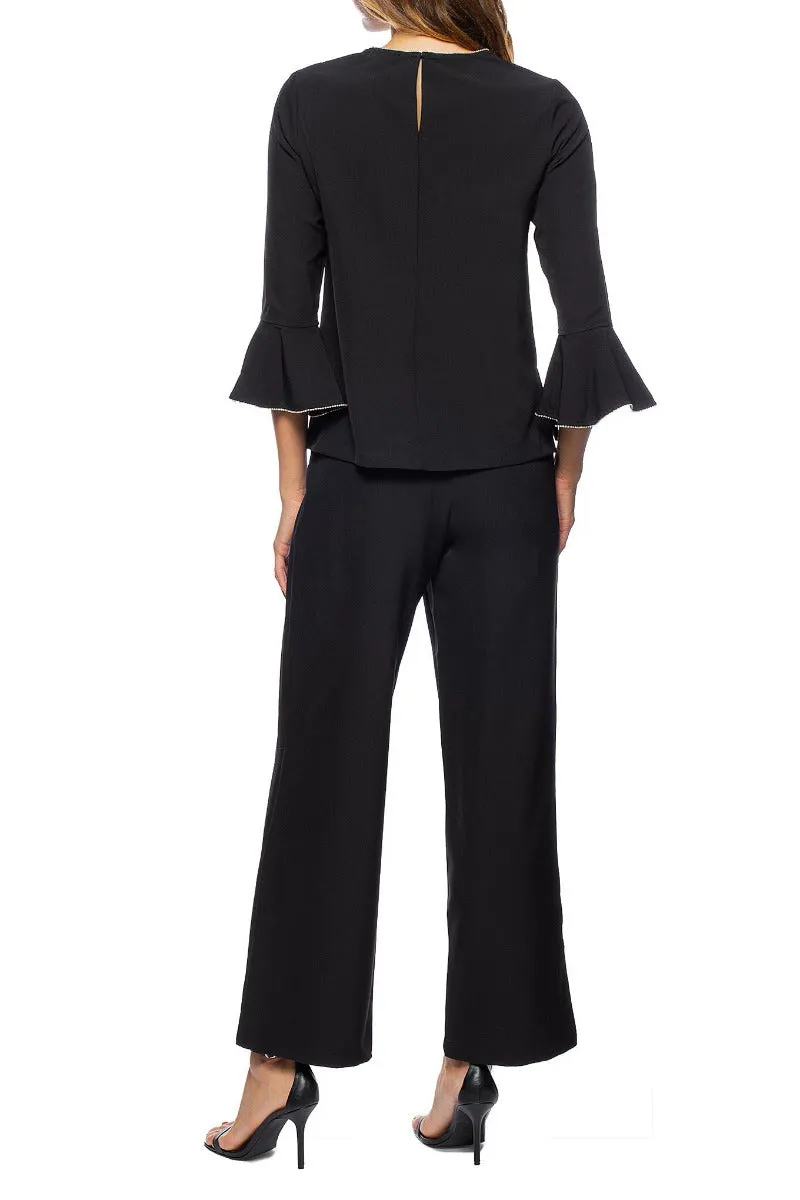 Marina Embellished Boat Neck Circular Sleeve Keyhole Back Stretch Crepe Top with Elastic Mid Waist Pant (2 Piece Set)
