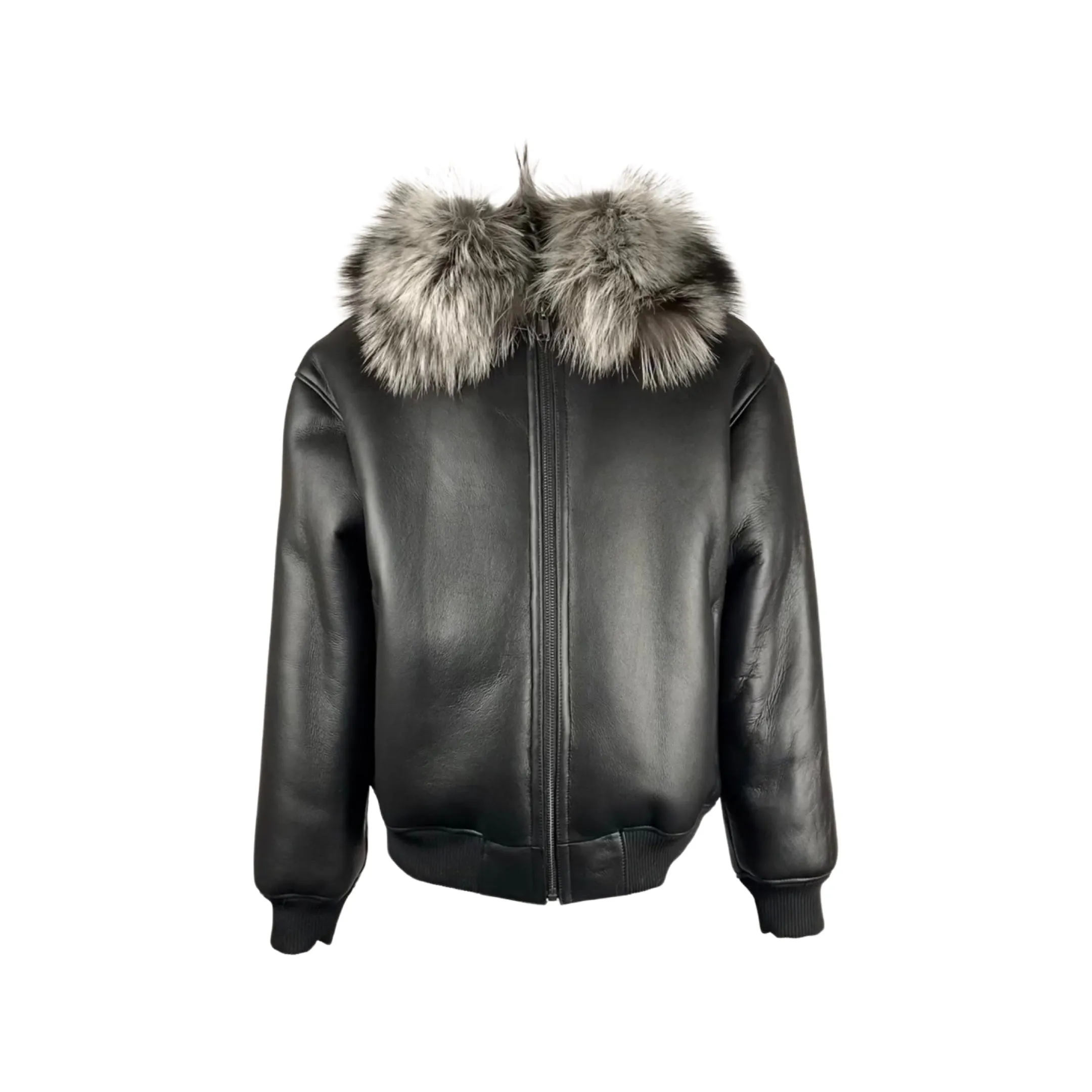 Men's Black Shearling Pilot Jacket with Silver Fox Collar Style # 4021