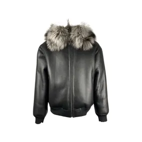 Men's Black Shearling Pilot Jacket with Silver Fox Collar Style # 4021