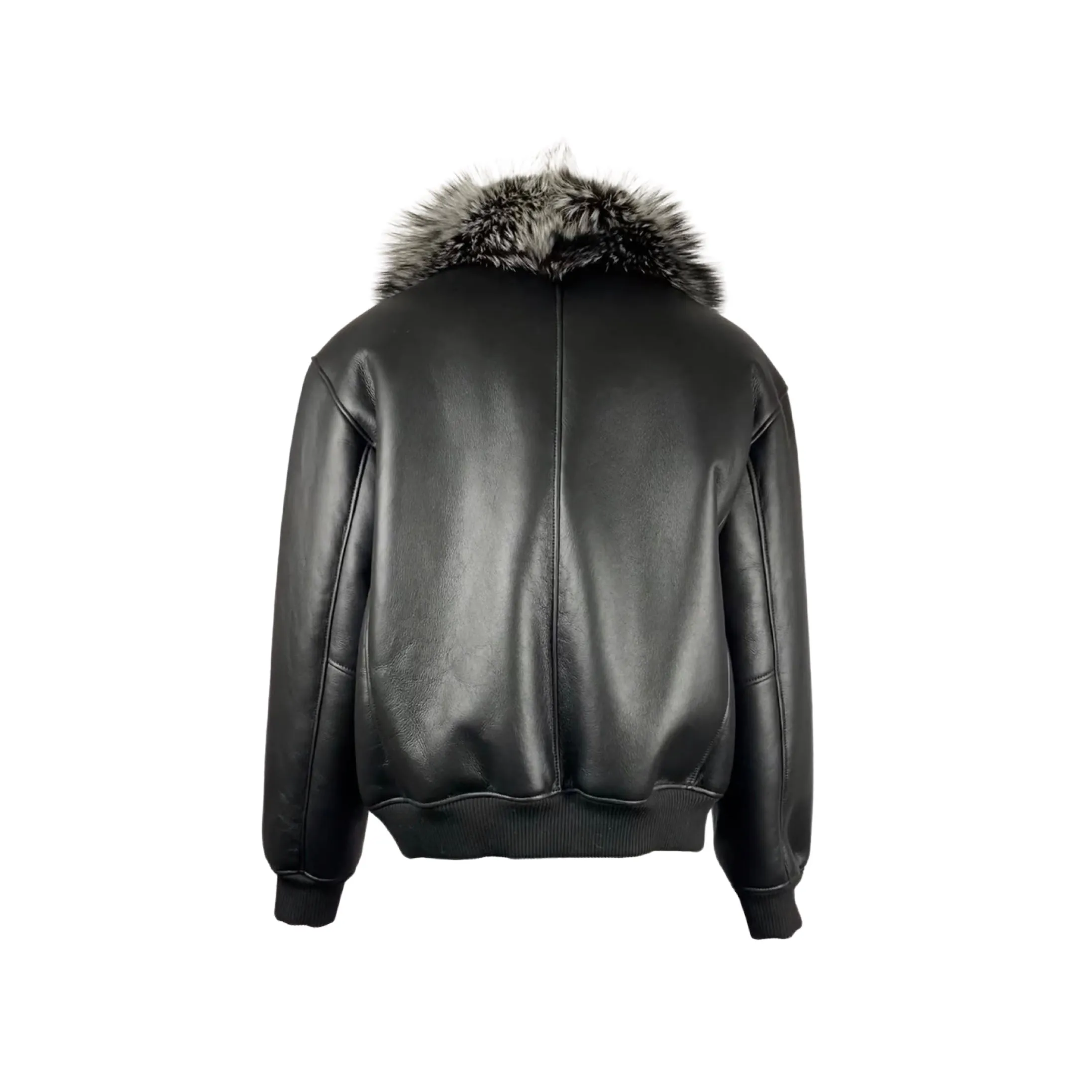 Men's Black Shearling Pilot Jacket with Silver Fox Collar Style # 4021