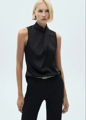 Turtleneck draped satin blouse - Black